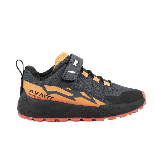 Boy's Primigi trainer in the style Storm GTX in black and orange with a Velcro strap and orange sole. Right side view.