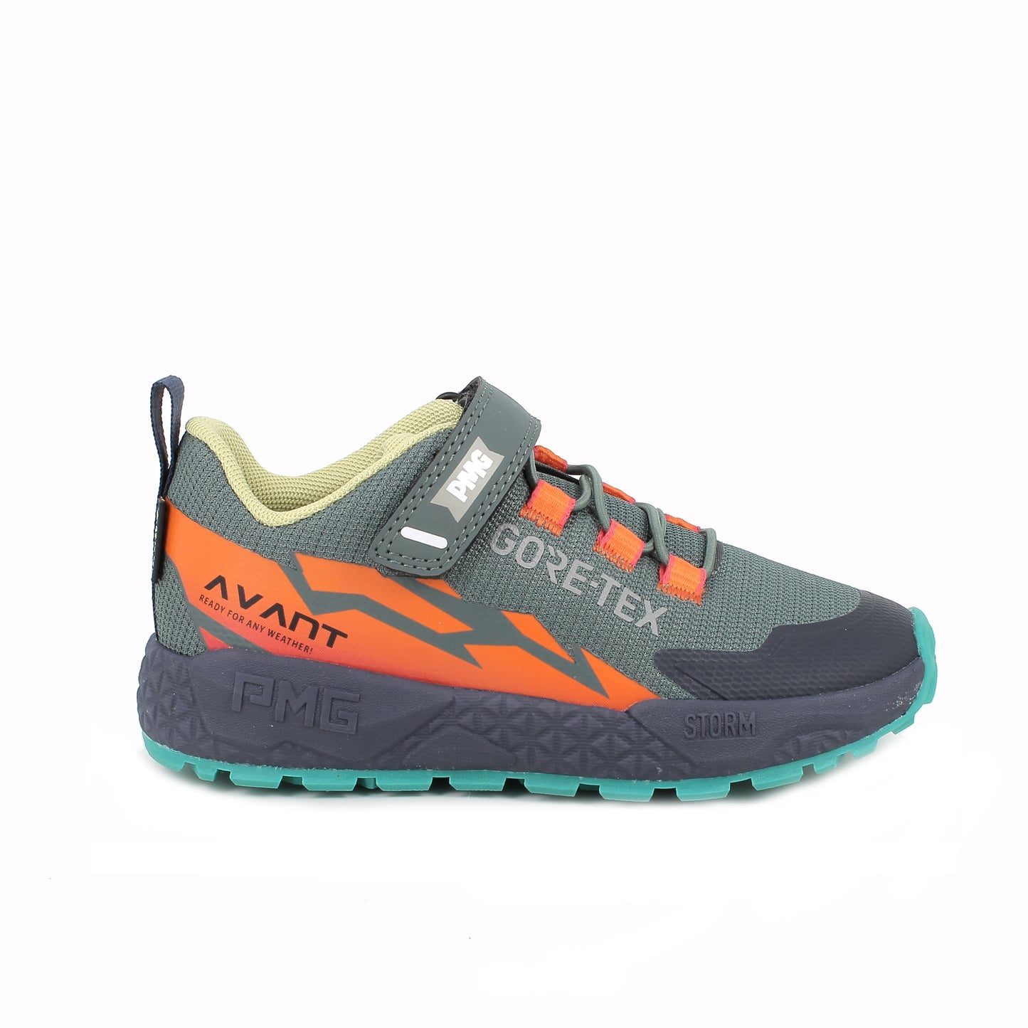 Boy's Primigi trainer in the style Storm GTX in grey with blue and orange details, a Velcro strap and a light blue sole. Right side view.