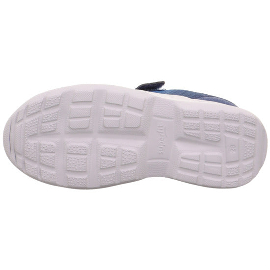 Superfit Rush navy and blue trainer with Velcro strap, white sole and a protective toe bumper. Sole view.
