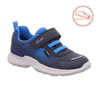 Superfit Rush navy and blue trainer with Velcro strap, white sole and a protective toe bumper. Left front view. 