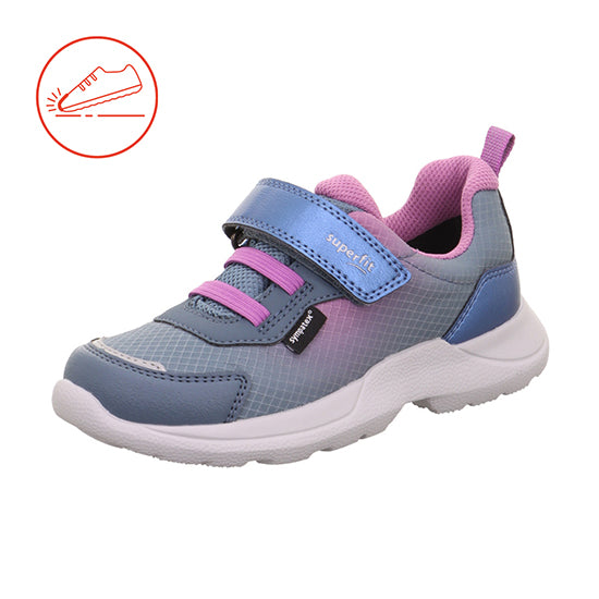 Superfit Rush pink and blue trainer with Velcro strap, white sole and a protective toe bumper. Left front view. 