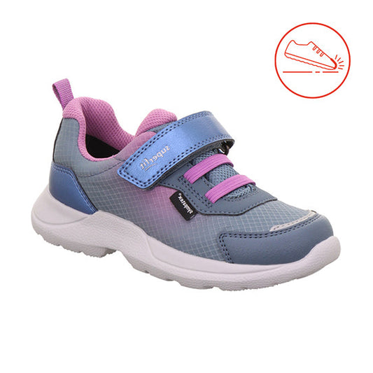 Superfit Rush pink and blue trainer with Velcro strap, white sole and a protective toe bumper. Left front view. 