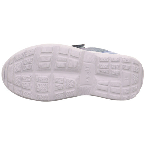 Superfit Rush pink and blue trainer with Velcro strap, white sole and a protective toe bumper. Sole view. 
