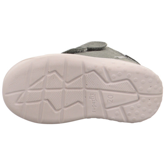 Superft Whaley ankle boot in green with double Velcro straps and white sole. Sole view.