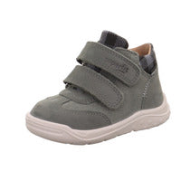 Superft Whaley ankle boot in green with double Velcro straps and white sole. Front left view