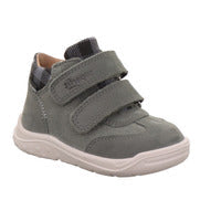Superft Whaley ankle boot in green with double Velcro straps and white sole. Front left view