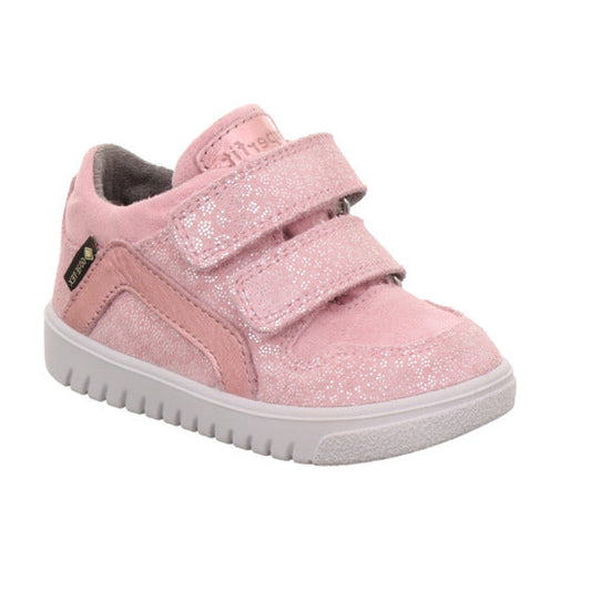Superfit Supies 4S trainer in pink with silver details, double Velcro strap and white sole. Front left view. 