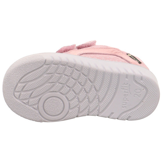 Superfit Supies 4S trainer in pink with silver details, double Velcro strap and white sole. Sole view. 