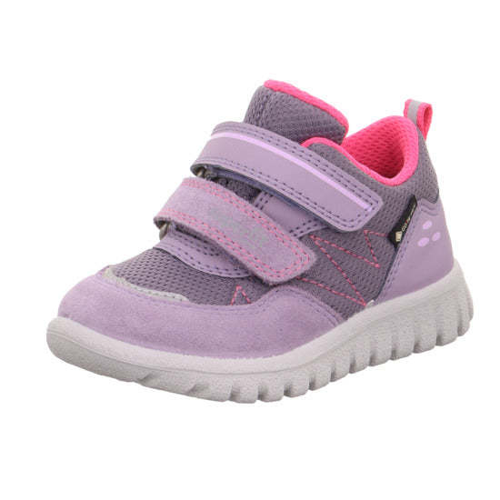 Superfit Sport7 Mini trainer in lilac and pink with a double Velcro strap, white sole and a protective toe bumper. Left front view. 
