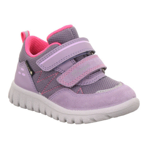 Superfit Sport7 Mini trainer in lilac and pink with a double Velcro strap, white sole and a protective toe bumper. Left front view. 