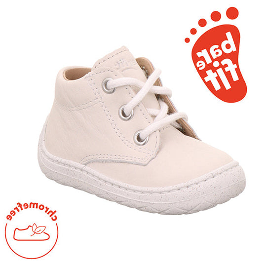 Superfit Saturnus barefoot boot in white with white bungee laces and white sole. Front left view.
