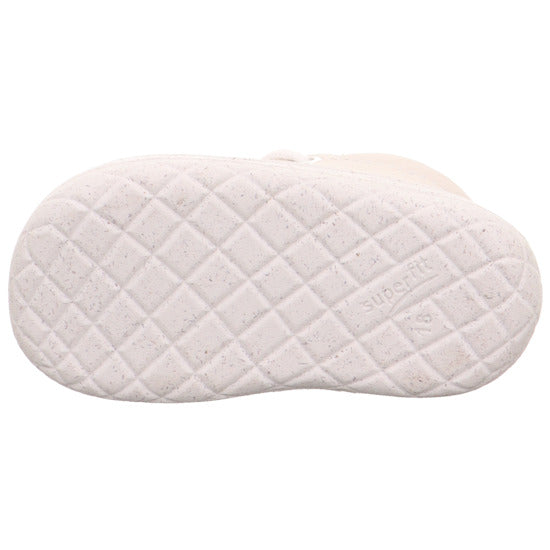 Superfit Saturnus barefoot boot in white with white bungee laces and white sole. Sole view. 