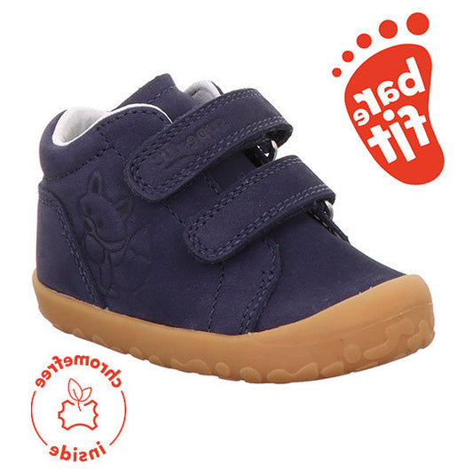 Superfit Flummi barefoot boot in navy nubuck with double Velcro strap, fox design and gum sole. Front left view. 