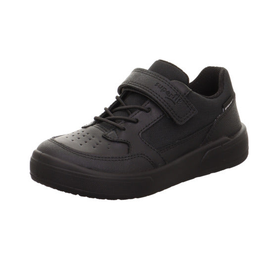 A boys waterproof school shoe by Superfit, style 1-009382-0010 Maverick, in black with elastic lace and single velcro fastening. Left side view.