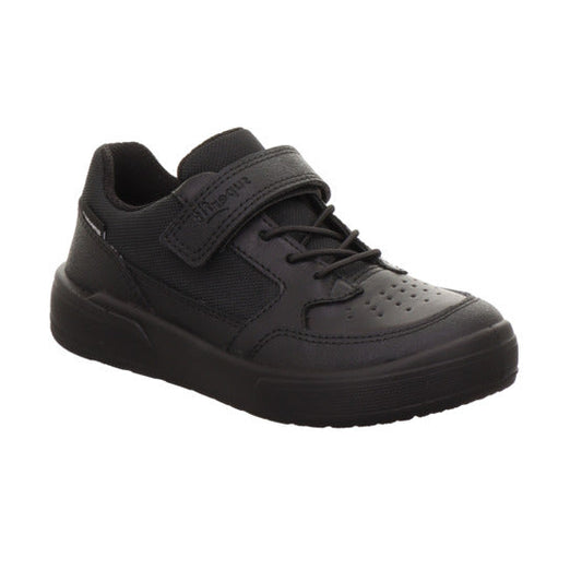 A boys waterproof school shoe by Superfit, style 1-009382-0010 Maverick, in black with elastic lace and single velcro fastening. Left side view.
