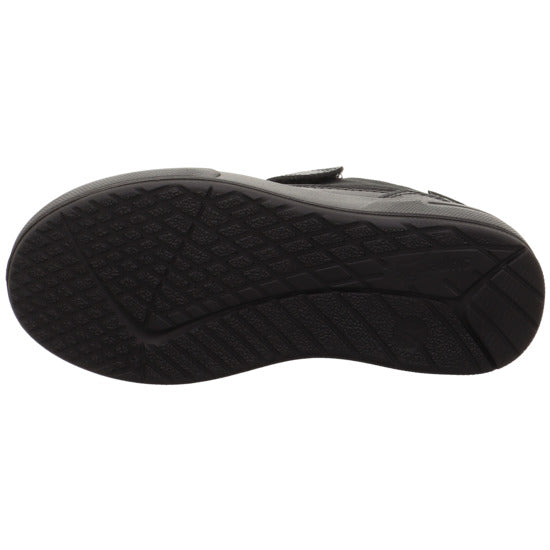 A boys waterproof school shoe by Superfit, style 1-009382-0010 Maverick, in black with elastic lace and single velcro fastening. View of sole.