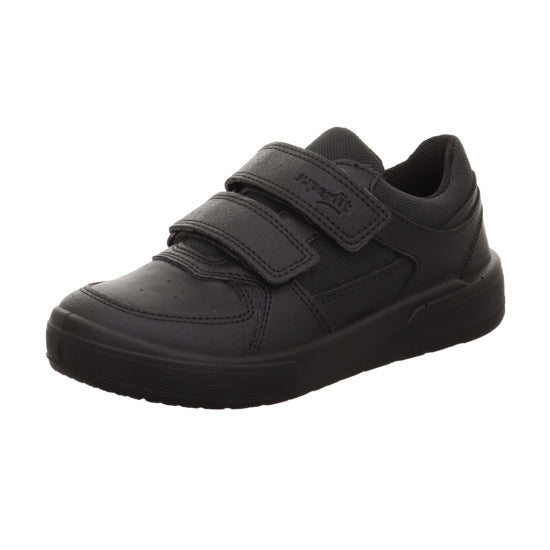 A boys school shoe by Superfit, style Maverick in black leather with two velcro straps and toe and heel bumpers. Left side view