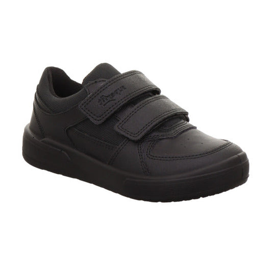 A boys school shoe by Superfit, style Maverick in black leather with two velcro straps and toe and heel bumpers. Left side view