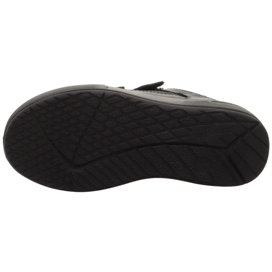 A boys school shoe by Superfit, style Maverick in black leather with two velcro straps and toe and heel bumpers. View of sole