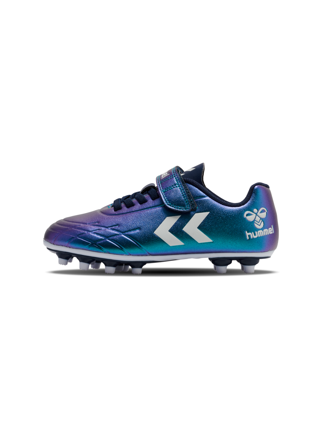 A football boot by Hummel, style Top Star F.G JR in green/multi with elastic laces, velcro strap and Hummel logo on side. Left side view