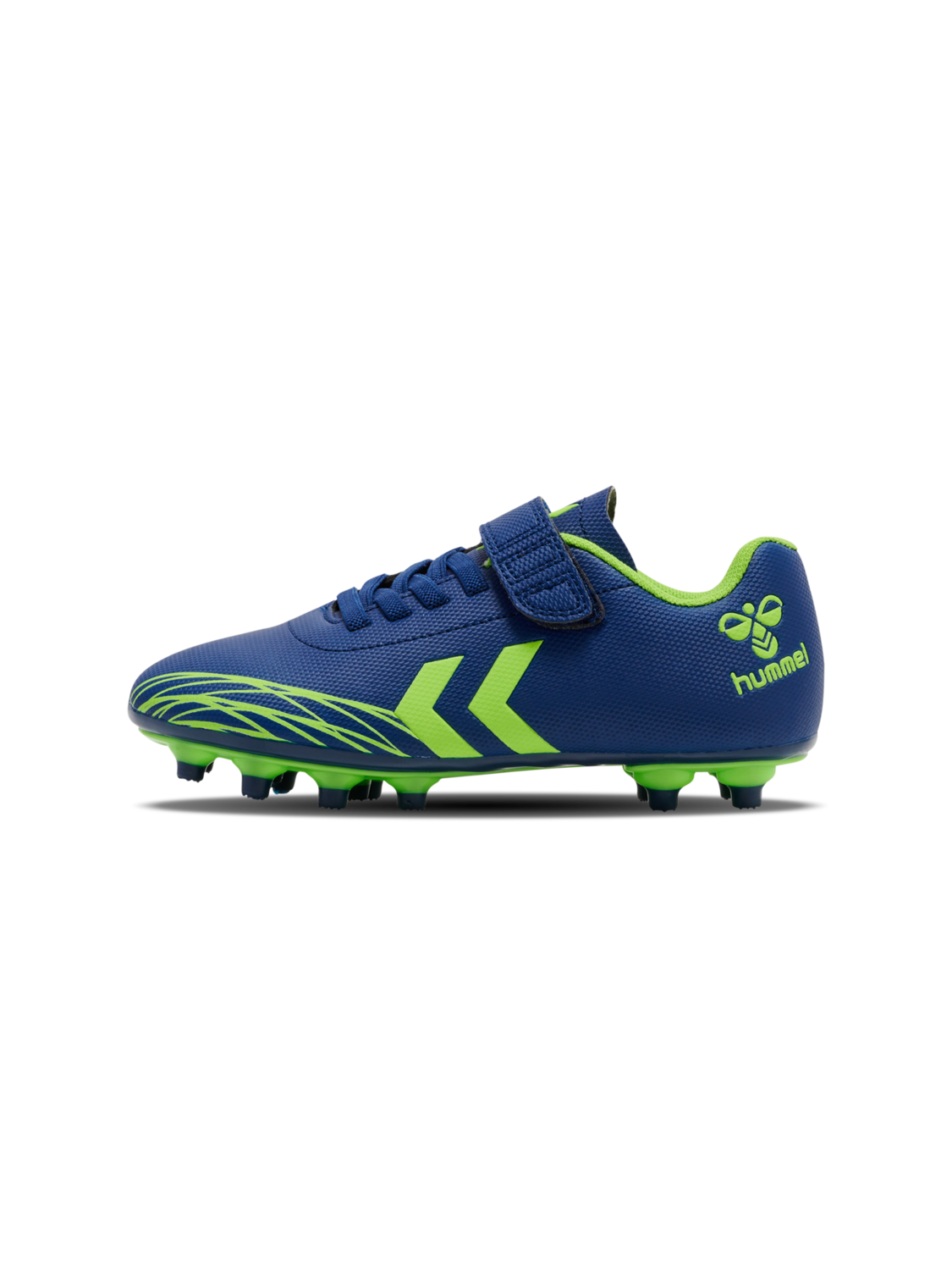 A firm ground football boot by Hummel, style Top Star F.G 2165658-7017 , in blue and lime with velcro fastening. Right side view.