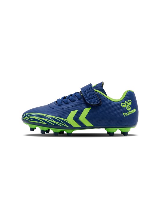 A firm ground football boot by Hummel, style Top Star F.G 2165658-7017 , in blue and lime with velcro fastening. Right side view.