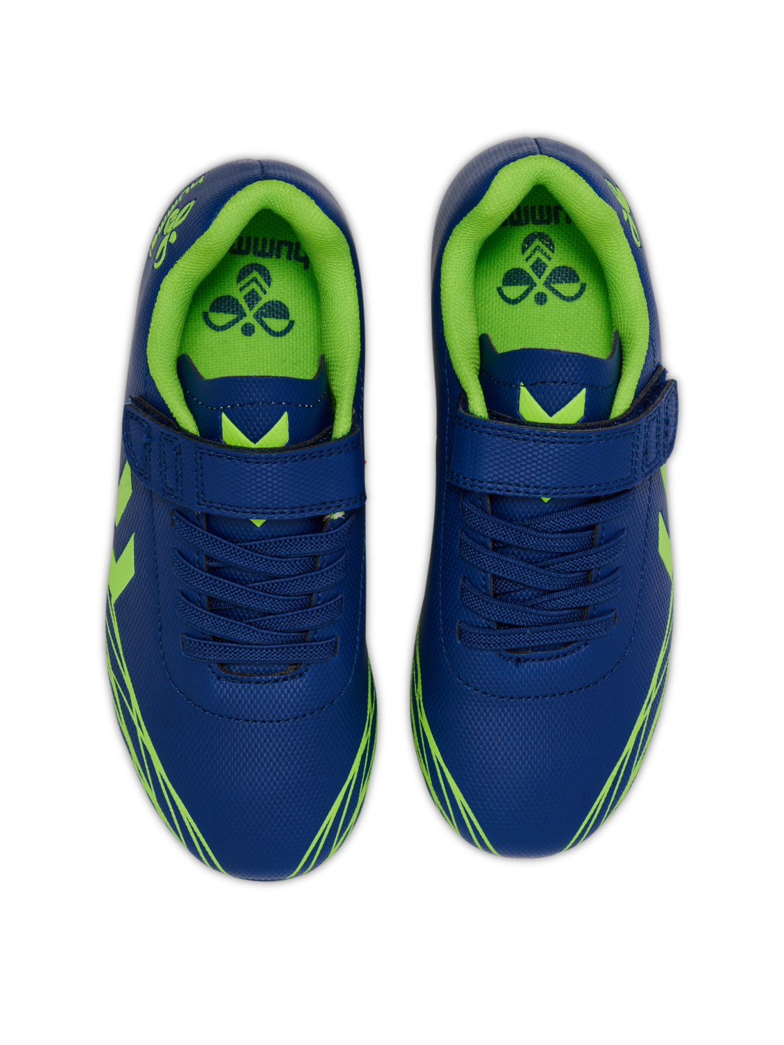 A firm ground football boot by Hummel, style Top Star F.G 2165658-7017 , in blue and lime with velcro fastening.  Above view of a pair.