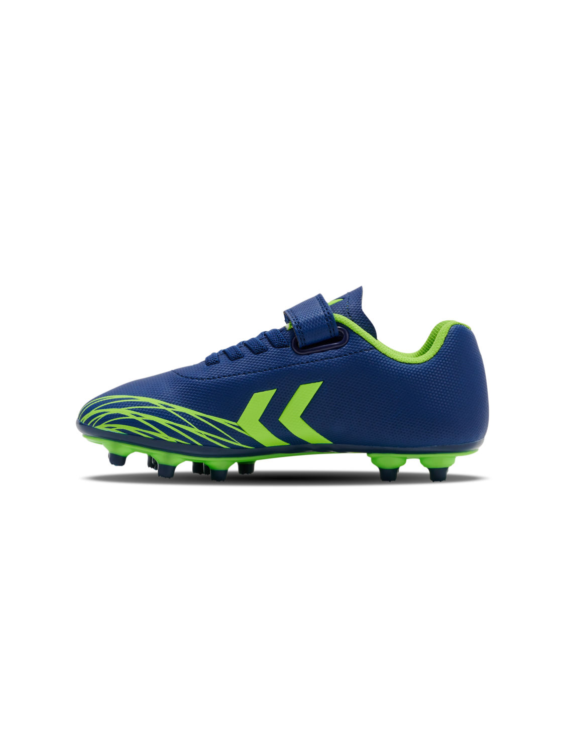 A firm ground football boot by Hummel, style Top Star F.G 2165658-7017 , in blue and lime with velcro fastening. Left side view.