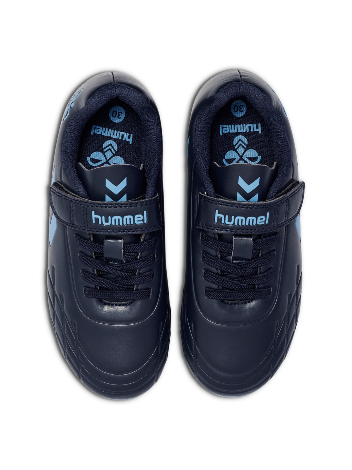 A pair of firm ground football boots by Hummel, style Top Star F.G JR 216568-7381, in blue with velcro fastening. Above view.