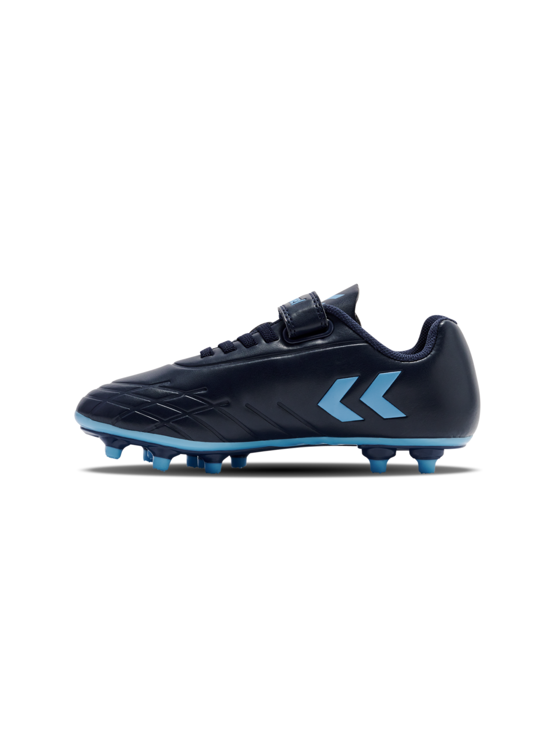 A firm ground football boot by Hummel, style Top Star F.G JR 216568-7381, in blue with velcro fastening. Left side view.