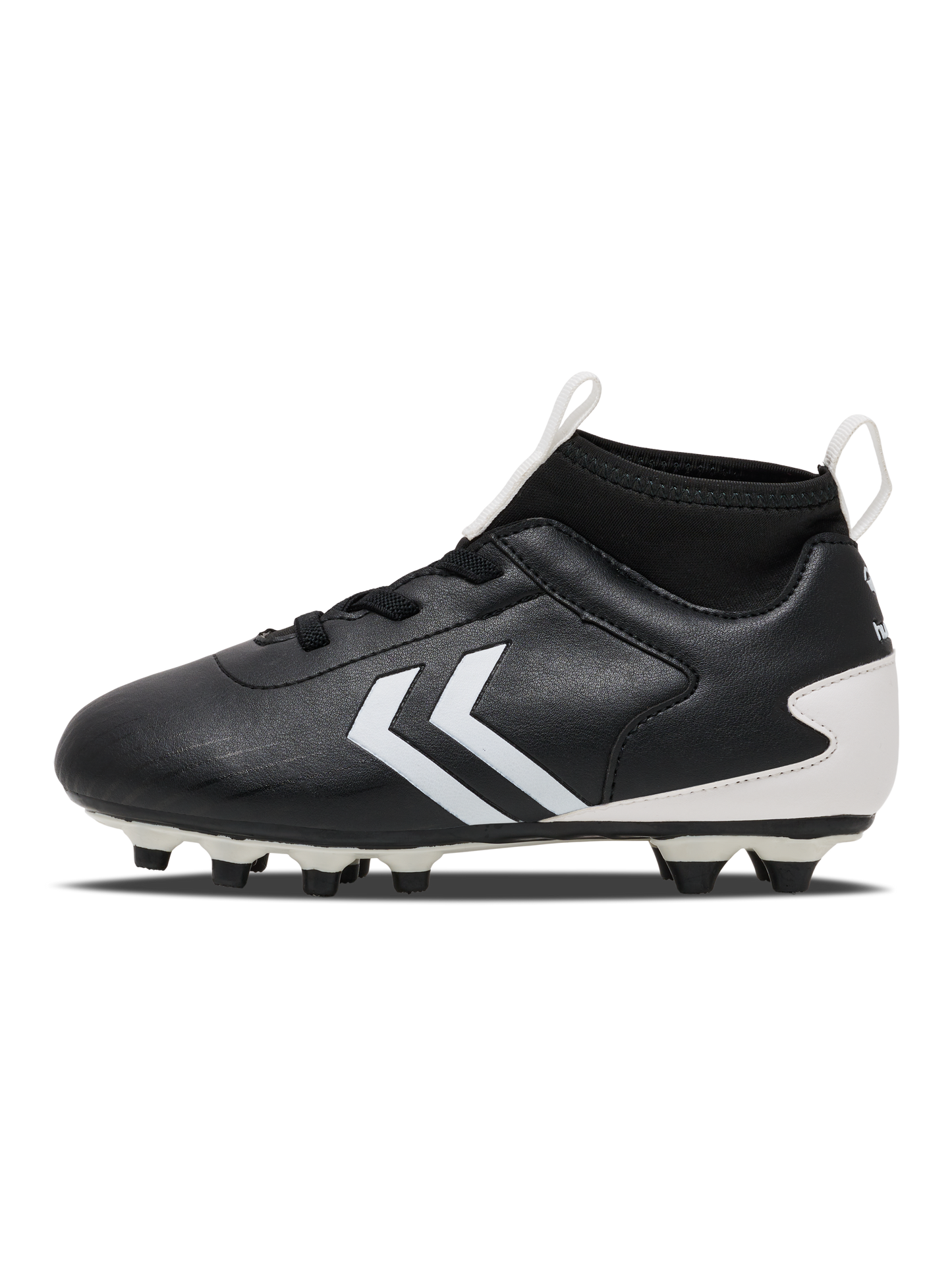 A boys firm ground football boot by Hummel, style Prestige MG JR 216569-2001, in black and white with sock insert and elastic lace fastening. Right side view.
