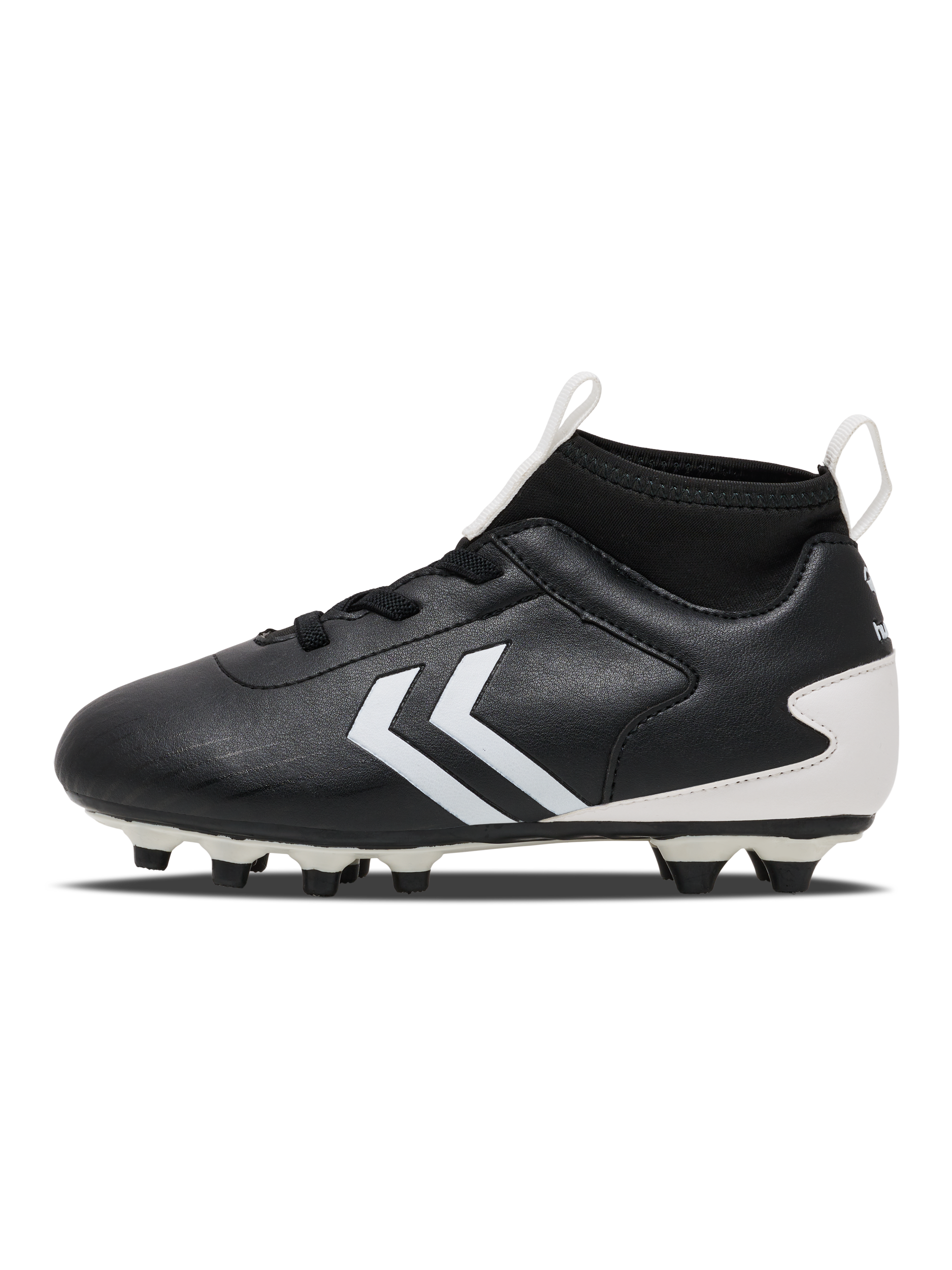 A boys firm ground football boot by Hummel, style Prestige MG JR 216569-2001, in black and white with sock insert and elastic lace fastening. Right side view.