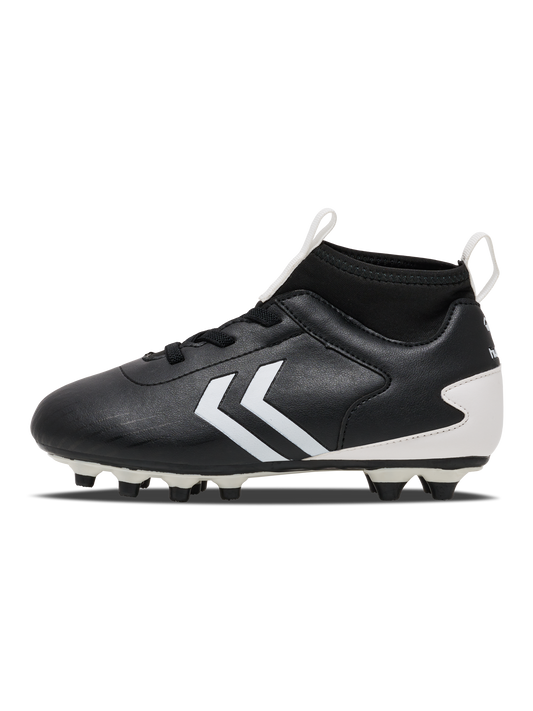 A boys firm ground football boot by Hummel, style Prestige MG JR 216569-2001, in black and white with sock insert and elastic lace fastening. Right side view.