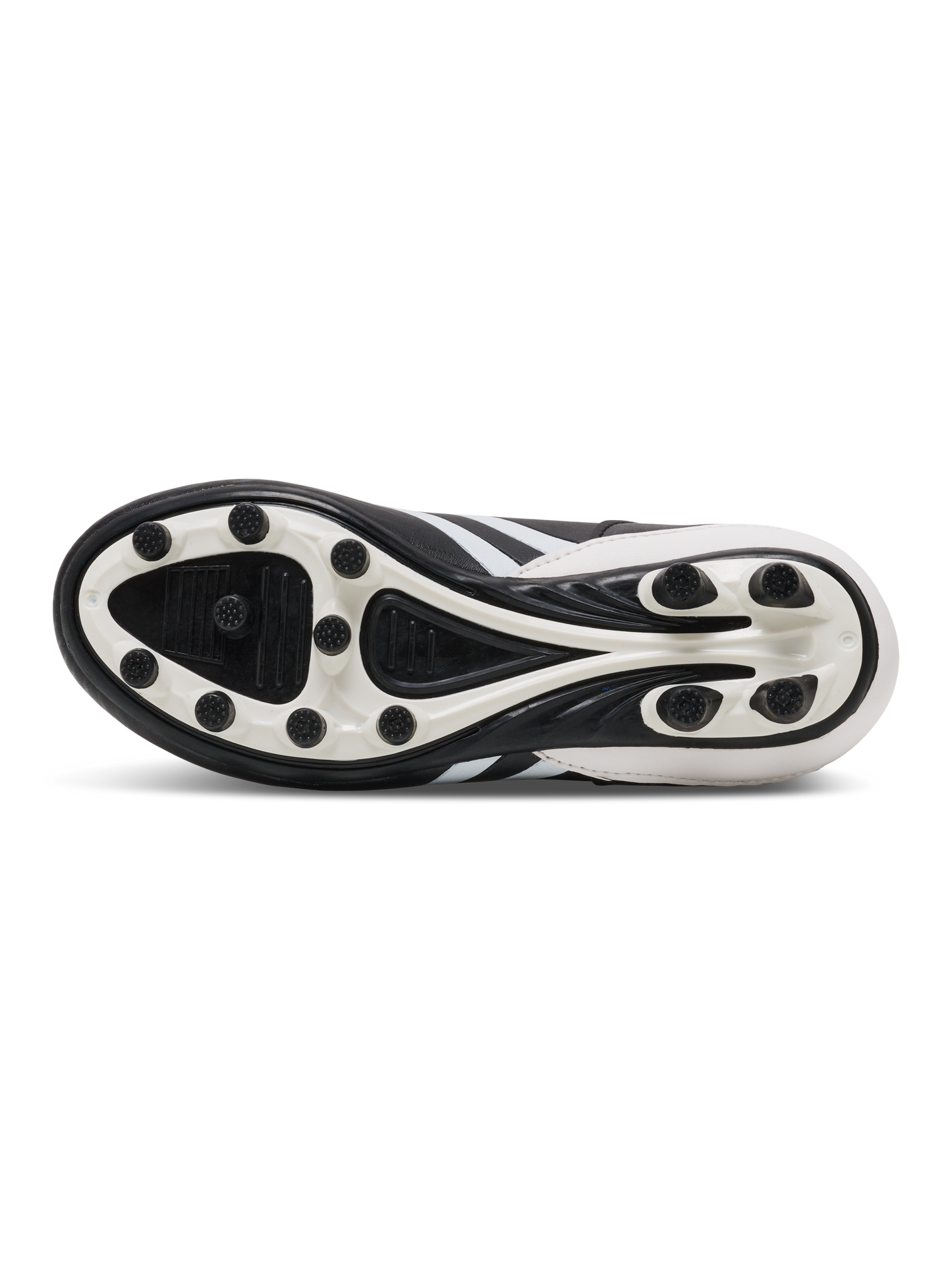 A boys firm ground football boot by Hummel, style Prestige MG JR 216569-2001, in black and white with sock insert and elastic lace fastening. Sole view.