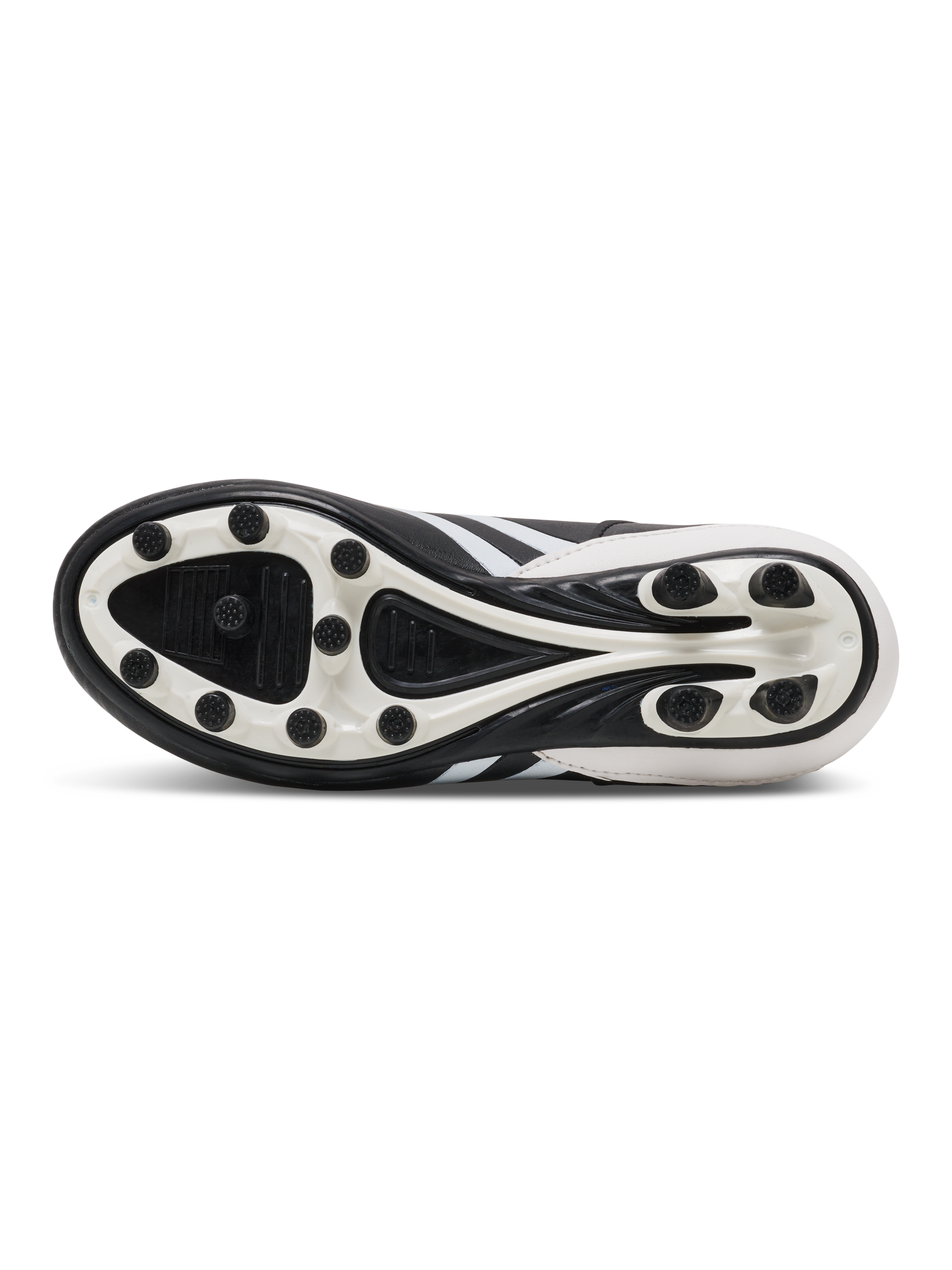 A boys firm ground football boot by Hummel, style Prestige MG JR 216569-2001, in black and white with sock insert and elastic lace fastening. Sole view.
