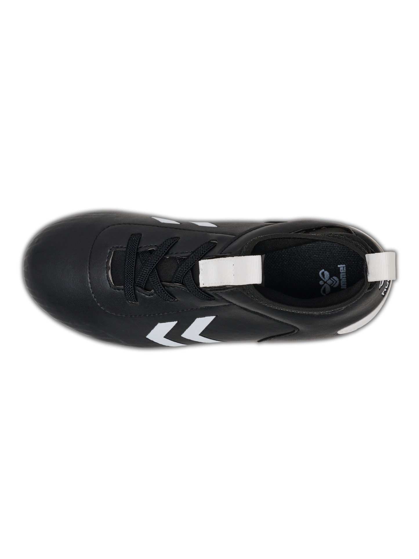 A boys firm ground football boot by Hummel, style Prestige MG JR 216569-2001, in black and white with sock insert and elastic lace fastening. Above view.