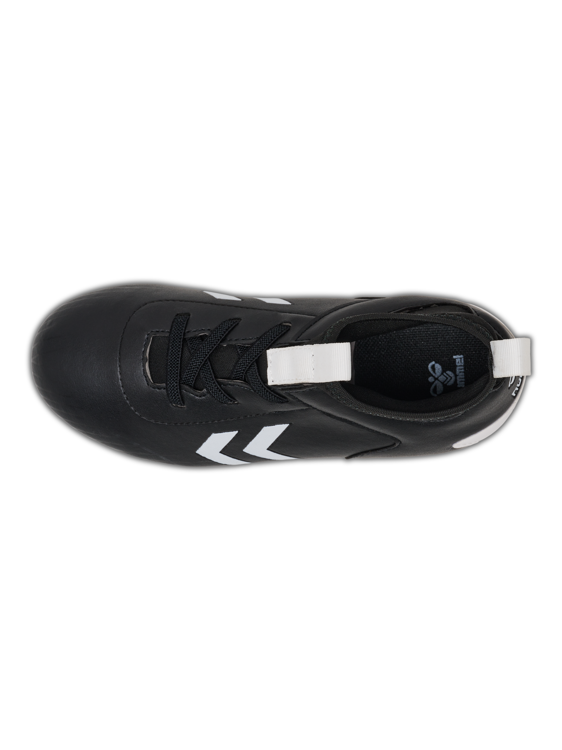 A boys firm ground football boot by Hummel, style Prestige MG JR 216569-2001, in black and white with sock insert and elastic lace fastening. Above view.