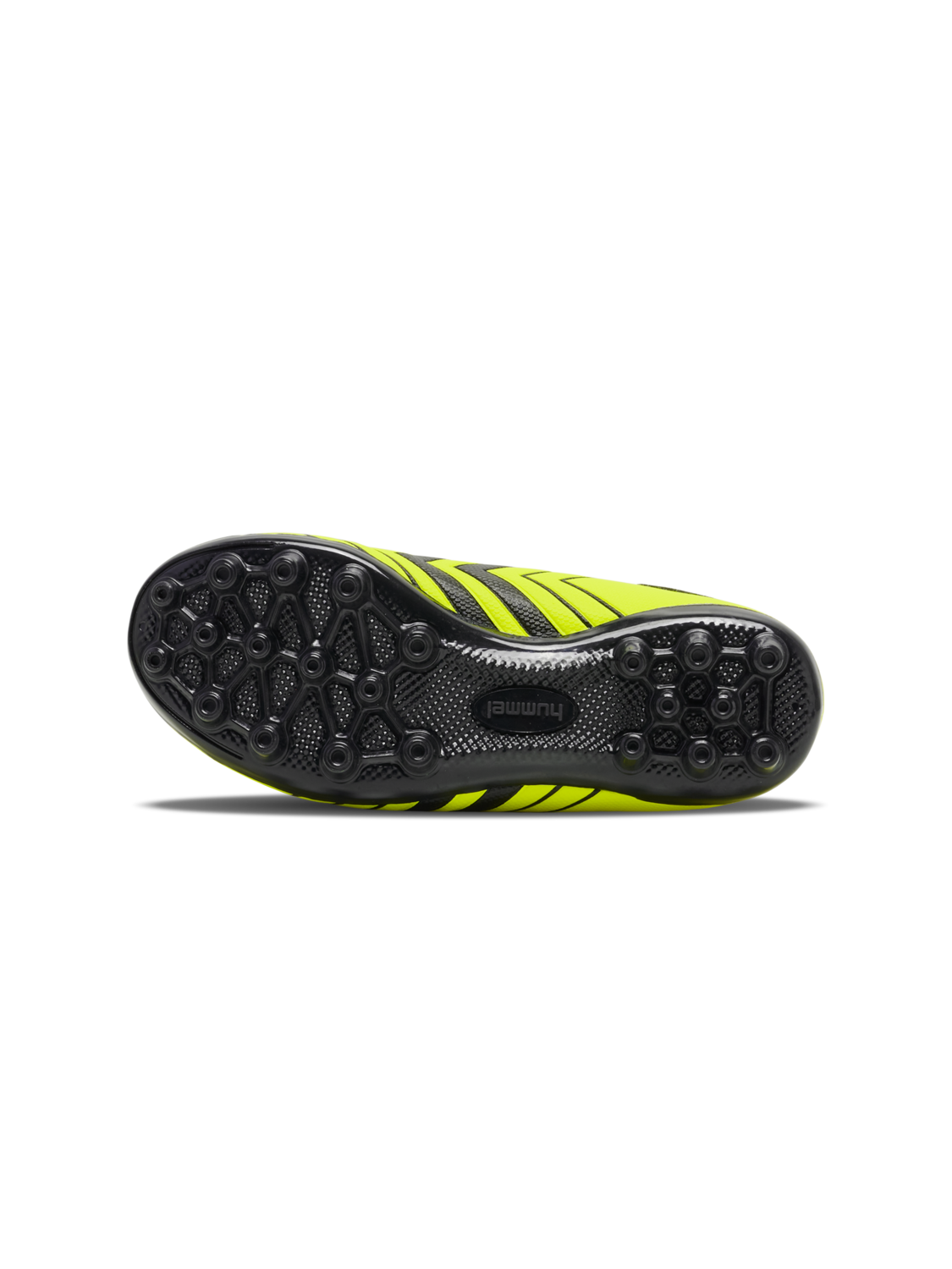 A boys firm ground football boot by Hummel, style Hattrick MG JR 217580-5998, in neon yellow with velcro fastening. View of sole.