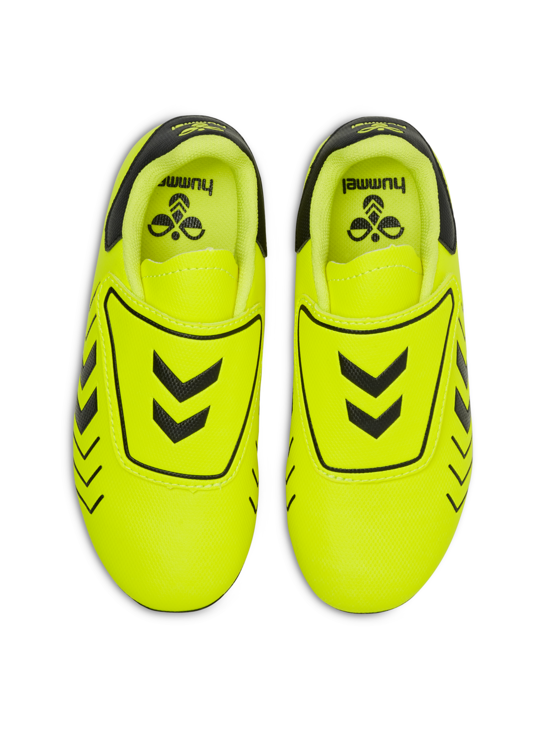 A firm ground football boot by Hummel, style Hattrick MG JR 217580-5998, in neon yellow with velcro fastening. View of pair from above.