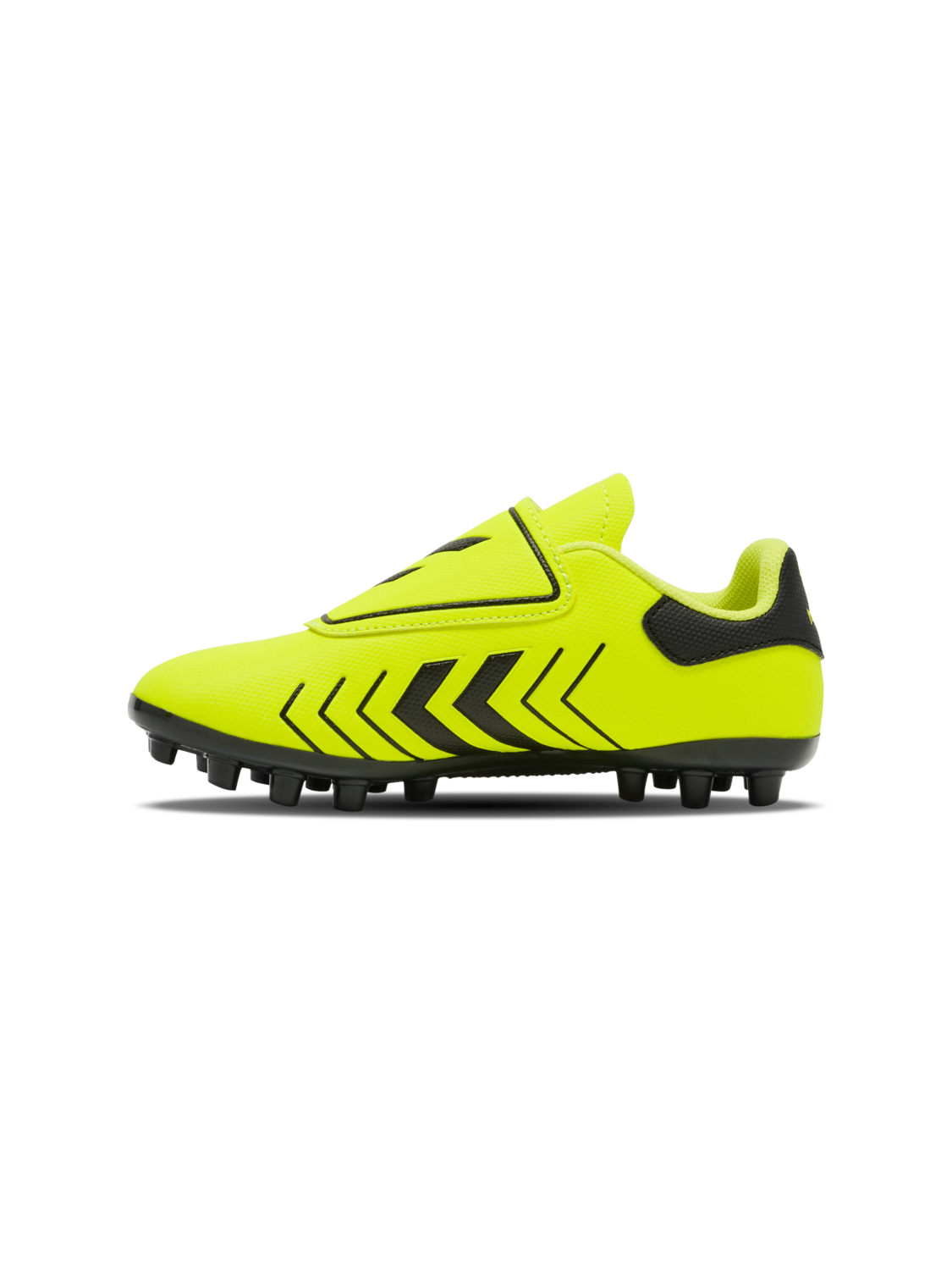 A boys firm ground football boot by Hummel, style Hattrick MG JR 217580-5998, in neon yellow with velcro fastening. Left side view.