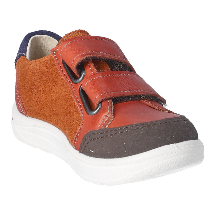 A boys shoe by Ricosta, style Jamie, in orange multi with double velcro fastening.  Angled view.