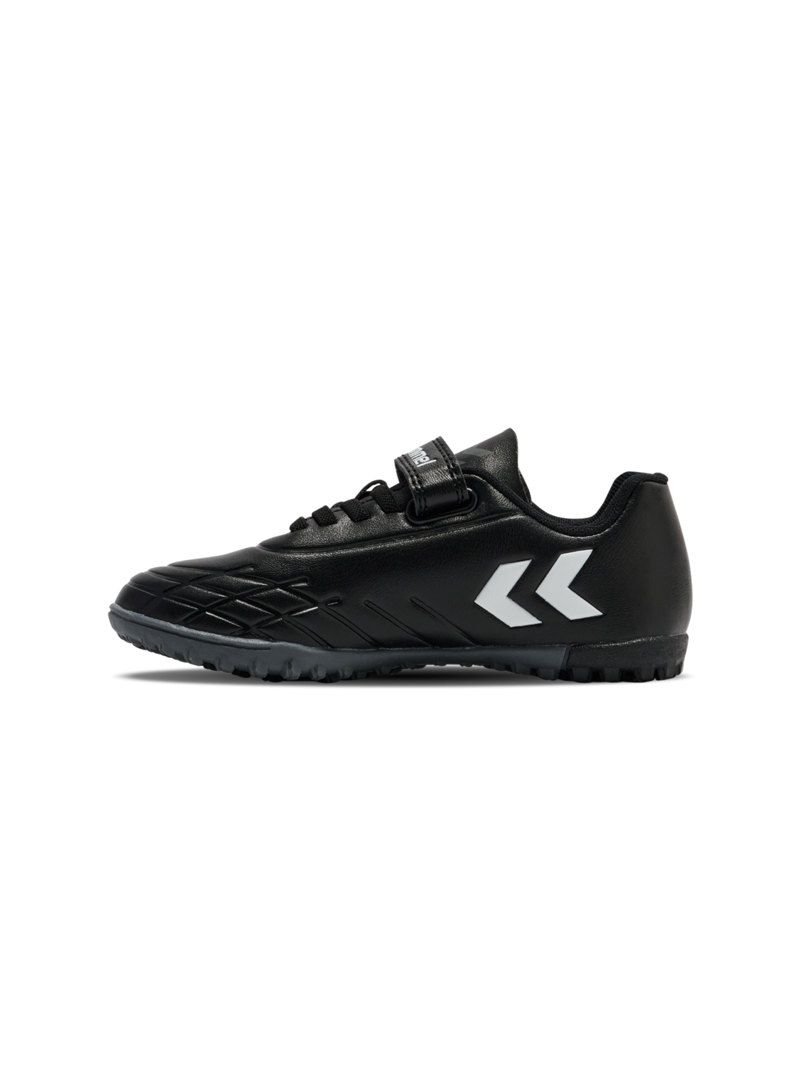 A astro turf football boot by Hummel, style Top Star Turf JR 228343-2267 in black with white trim with velcro fastening. Left side view.