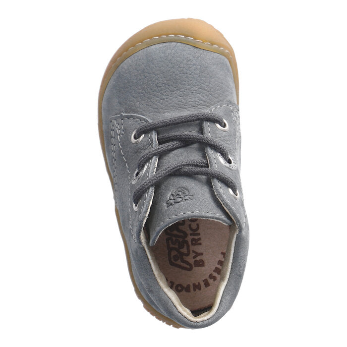 A unisex casual ankle boot by Ricosta, style Cory in space/barbados, with grey laces and toe and heel bumpers. Top view