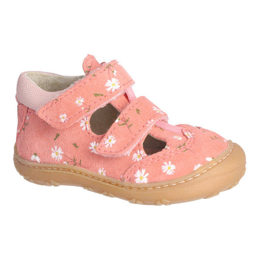 A girls sandal by Ricosta, style Ebi in strawberry/velour daisy with white daisy pattern and two velcro straps and toe and heel bumpers. Right side view