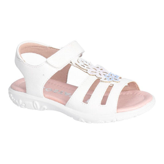 An open toe sandal by Ricosta, style Celina, in iridescent white with a velcro fastening. Right side view.