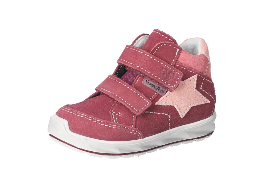 A girls waterproof boot by Ricosta, style Kimi, red with pink trim and double velcro fastening. Right side view.