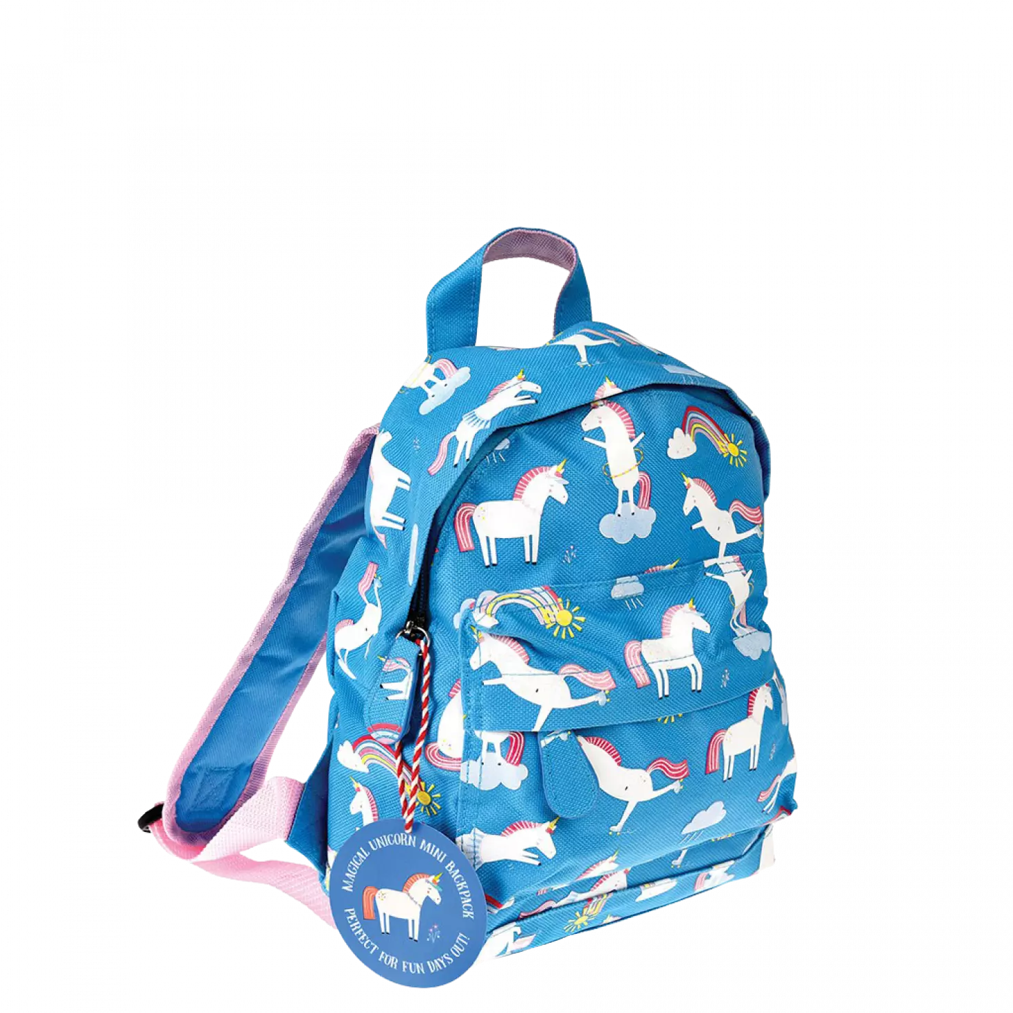 A child's backpack by Rex London, style Magical Unicorn,in blue with white multi unicorn and rainbow print, two compartments and zip fastenings. Angled view.