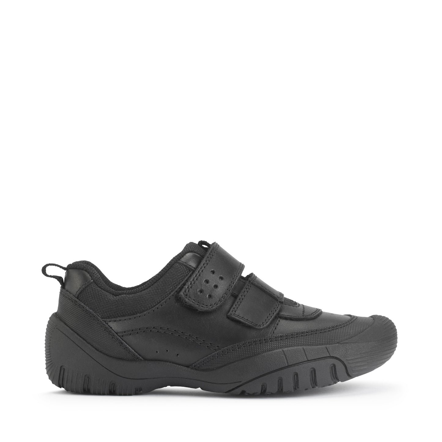 A boys school shoe by Start-Rite, style Quad, in black with toe bumper and double velcro fastening. Right side view.