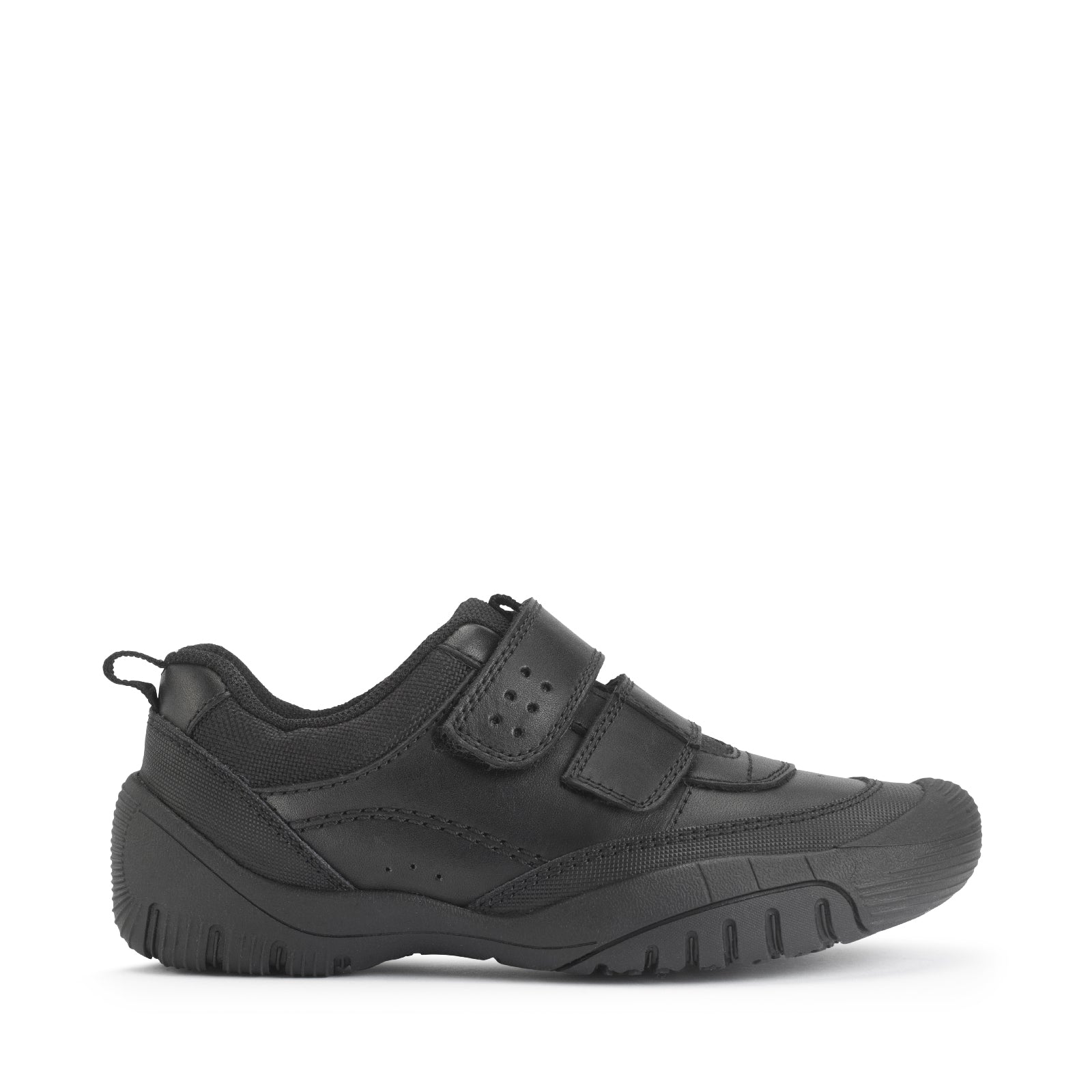 A boys school shoe by Start-Rite, style Quad, in black with toe bumper and double velcro fastening. Right side view.