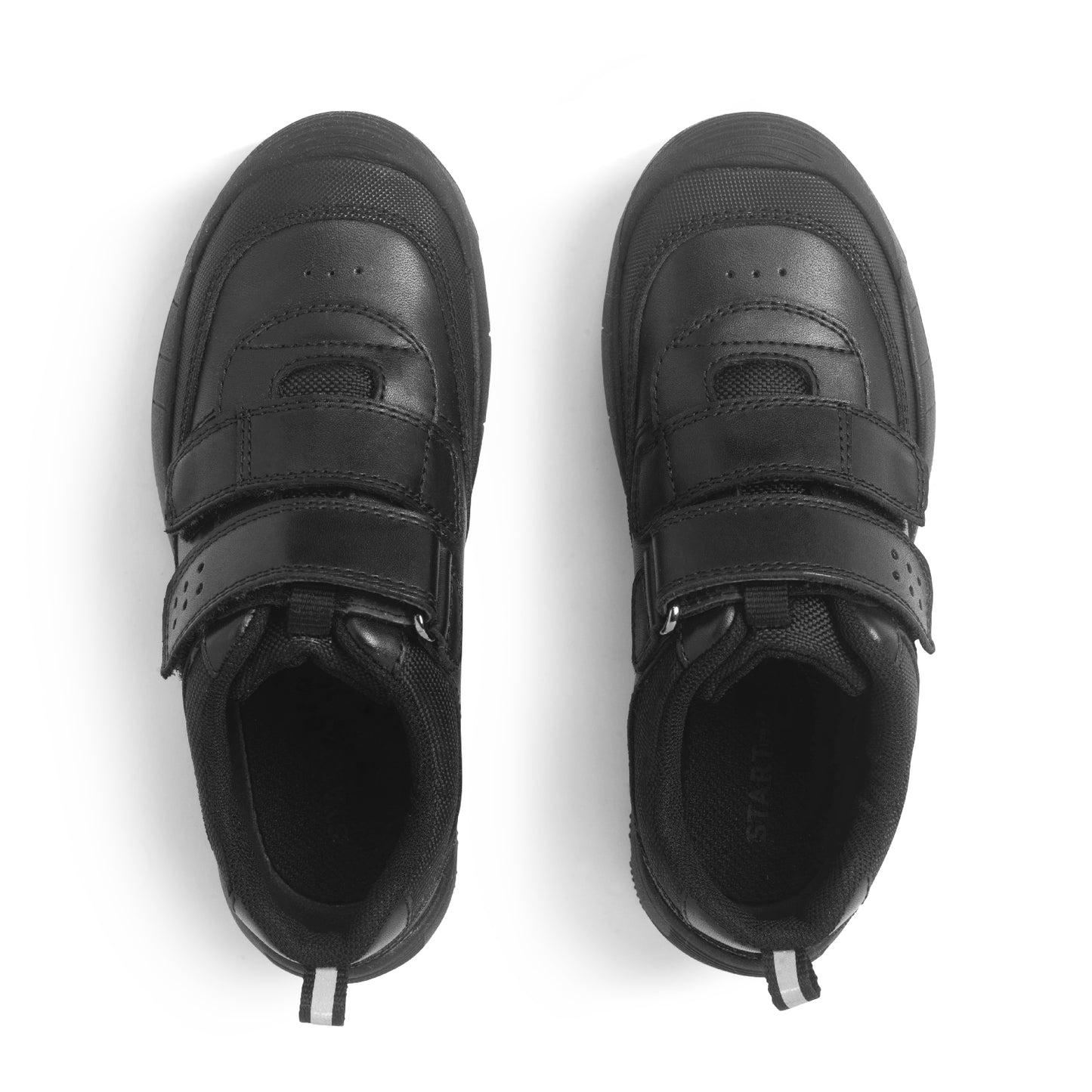A boys school shoe by Start-Rite, style Quad, in black with toe bumper and double velcro fastening. View of pair from above.